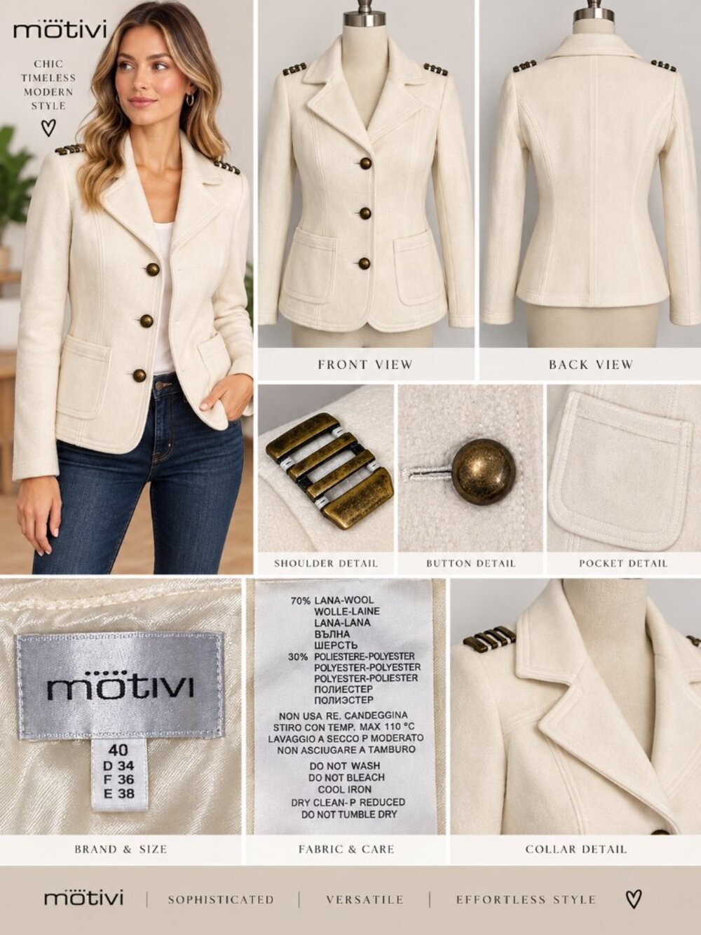 Motivi Women’s US 4 Ivory Wool Blend Military Blazer Jacket Epaulets